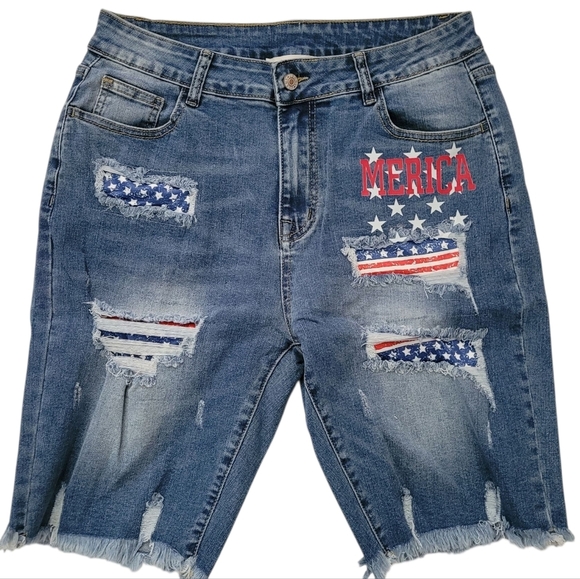 Light Blue Distressed Denim Bermuda Shorts Patriotic - Picture 9 of 10
